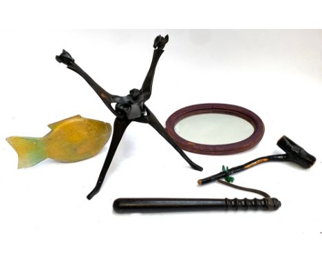 Mixed lot to include a policeman's truncheon, Irish shillelagh, small oval mirror, wooden stand, fish etc in a wicker basket