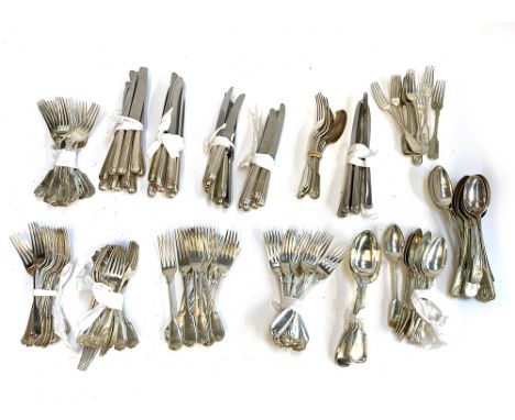 A large quantity of silver plated flatware, comprising small knives (17), serving spoons (4), small spoons (12), small forks 