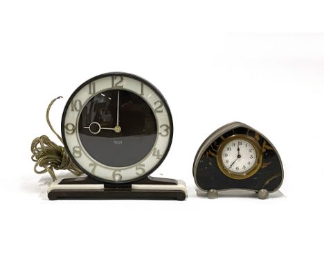Vintage smiths sectric bakerlight mantle clock, together with a small metal and faux tortoiseshell desk clock, 10.5cmH