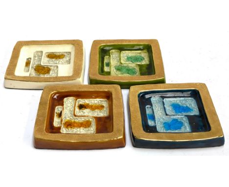 A set of four ceramic square dishes, each with crystalline glaze, 18.5x17.5cm