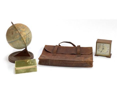 A vintage Chad Valley tin plate globe; onyx box; leather satchel and mantel clock
