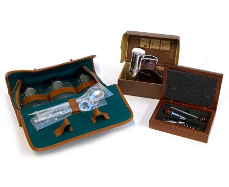 A Descorjet champagne opener; a set of hip flasks; and a cased corkscrew with thermometer