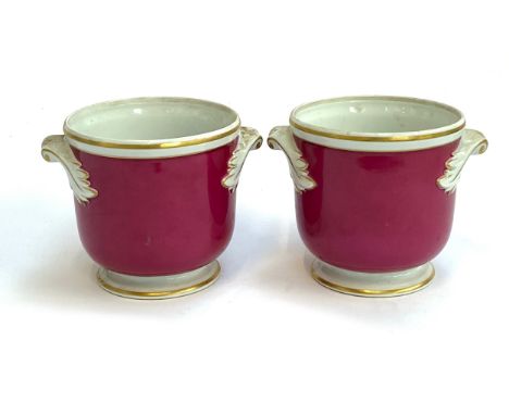 A pair of Vista Allegra pink ceramic planters heightened in gilt, 15.5cmH