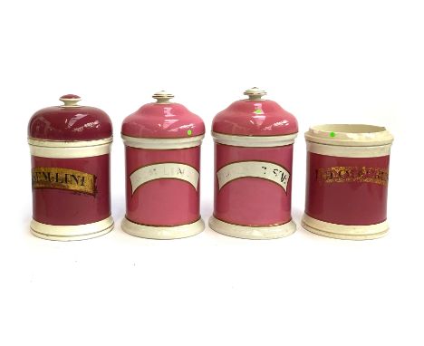 Two pairs of pink ceramic kitchen jars, one missing lid, 25cmH (4)
