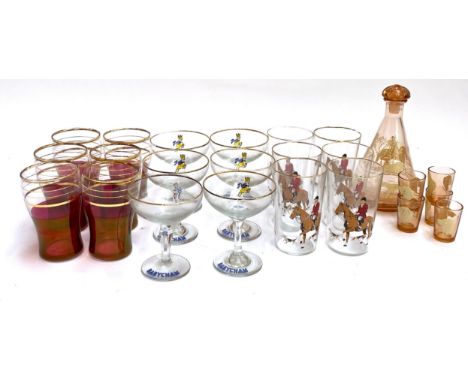 A quantity of various glasses to include hunting glasses; cranberry glass tumblers; fox and hound Schnapps set; and six vinta