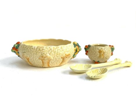 A Clarice Cliff Newport Pottery 'Celtic Harvest' fruit bowl, 30cmD; together with serving spoons and sugar bowl