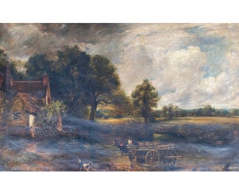 Manner of Constable, horse and cart by a cottage, oil on canvas, 82x122cm, in a large gilt frame