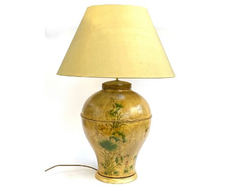 Interior design interest: painted large table lamp with gilt detail and large shade, including shade: 81cmH