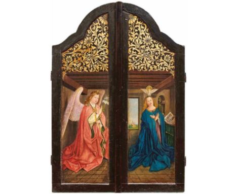   Zwei Seitentafeln eines Flügelaltars mit Verkündigung und Heiligen  Deutschland, 18. Jh. und Niederlande 16. Jh.  Verkündig