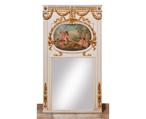   Louis-XVI-Trumeau  Frankreich, 19. Jh.  Hochrechteckiges Paneel, über dem Spiegel querovales Bild Öl auf Leinwand mit spiel