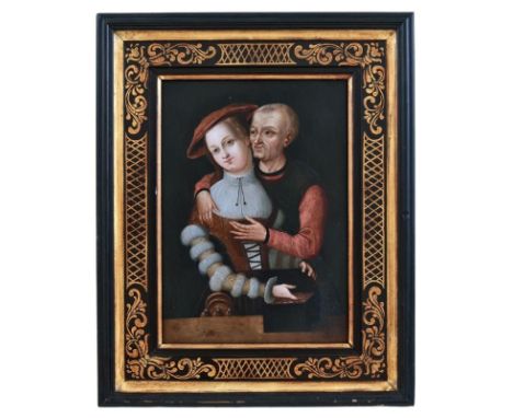   Krodel d. Ä., Wolfgang - Nachfolge  Das ungleiche Paar  (Um 1500-1563) Öl/Kupfer. Rechts unten apokryph monogrammiert "AD".