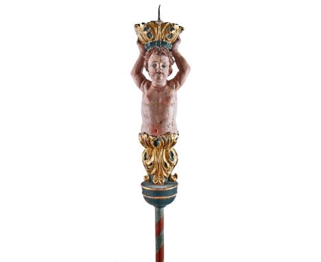   Vortragestange mit Leuchterengel  Um 1700  Glatte Stange, Akanthusblatt verzierter Aufsatz mit halbfigurigem Engel, auf sei