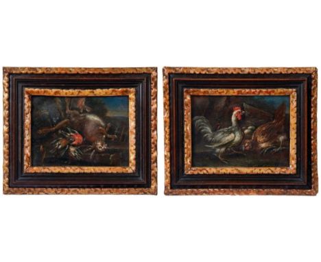   Gryeff, Adriaen de (Attrib.)  Paar kleine Tierbilder  (Antwerpen 1670-1715 Brüssel) Jagdstillleben mit erlegtem Hasen und V