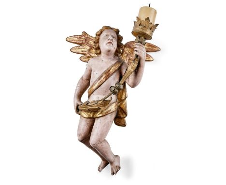   Leuchterengel  Süddeutschland, M. 18. Jh.  Ganzfigurig schwebender Engel mit Hüfttuch und gespreizten Flügeln, einen floral