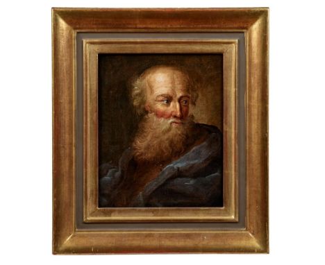   Bildnis eines bärtigen Mannes, wohl ein Apostel  18. Jh.  Öl/Lwd., auf Holz aufgezogen. 28 x 23 cm.  Bildnisbüste, neutrale