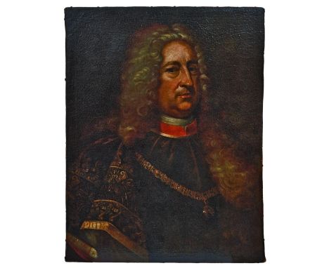   Bildnis eines adeligen Feldherrn in Prunkrüstung  18. Jh.  Öl/Lwd., doubl. 74 x 56 cm; unger. - Krakeluren.  Barockbildnis,