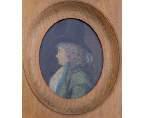   Miniaturportrait  England, E. 18. Jh.  Ovaler Bildausschnitt eines Herrn mit Zylinder im Profil. Öl/Karton. 8,7 x 7 cm, ger