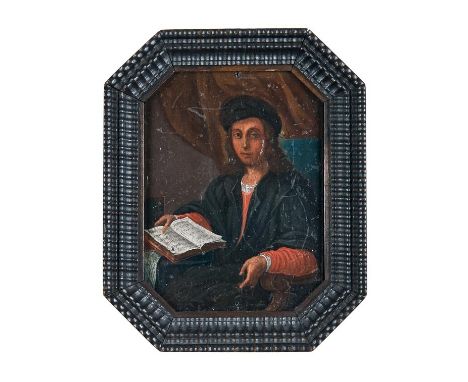   Miniaturbildnis eines Gelehrten  16./17. Jh.  Öl/Holz. 11 x 8 cm. - Kleine Kratzspuren.  Portraitmalerei, Renaissance      