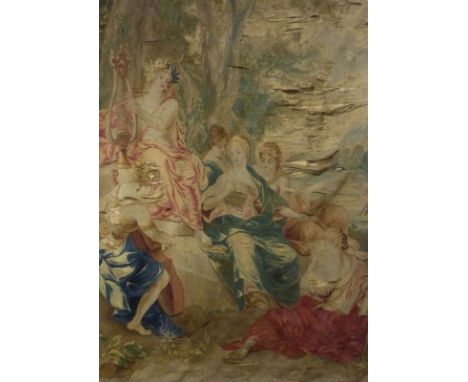   Tapisserie-Fragment  wohl Flandern, um 1700  Mit vielfiguriger Darstellung von Apoll im Kreise seiner Musen. Wolle und Seid