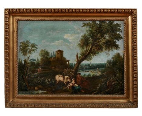   Landschaft mit Wäscherin und Hirte  Italienische Schule des 18. Jahrhunderts, nach Francesco Zuccarelli  Im Hintergrund an 