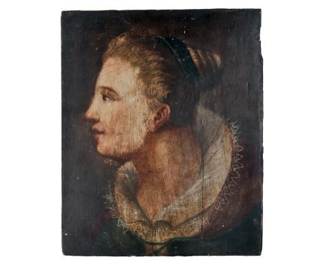   Bildnis einer Dame im Profil  17. Jh.  Öl/Holz. 27,5 x 23 cm; unger. - Vertikaler Schwundriss, rechts oben Fehlstelle.  Büs