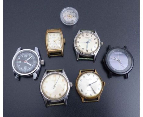   Konvolut Armbanduhren  20. Jh.  7-tlg. Bestehend aus fünf Gehäusen mit Kronaufzug, ein Gehäuse mit Solartechnik und ein  Et