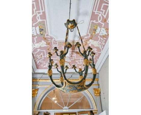   Außergewöhnliche Empire-Deckenlampe "retour d'égypte"  Venetien, um 1800  An Deckenkrone mit Blattornamenten und Kettenaufh