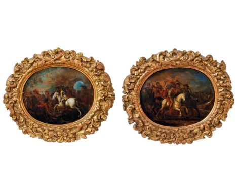   Kalraet, Barend van  Paar kleine, ovale Bataillenszenen  (Dordrecht 1649-1737 ebd.) Vielfigurige Reitergefechte. Öl/Blech. 