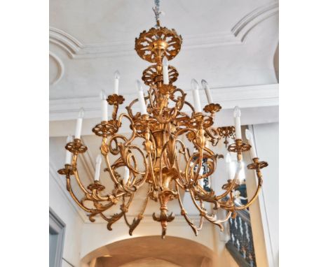   Großer Biedermeier-Deckenluster  Österreich, wohl Wien, um 1835  An reich gegliedertem, volutengeziertem Schaft mit durchbr