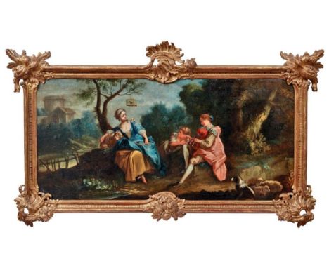   Boucher, François - Umkreis  Schäferszene  (Paris 1703-1770 ebd.) In einer Flusslandschaft mit Schafherde und Hütehund Dude