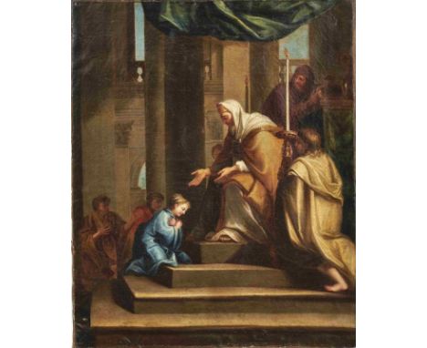   Einführung Marias in den Tempel  Süddeutschland, 18. Jh.  Öl/Lwd., randdoubl. 81,5 x 66 cm; unger. - Einige Flickstellen.  