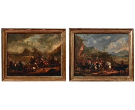   Querfurt, August - Umkreis  Pendants mit Bataillenszenen  (Wolfenbüttel 1696-1761 Wien) Truppen ziehen durch die Berge und 