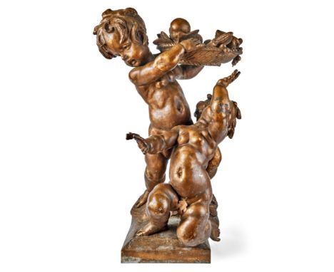   Friedl, Theodor  Zwei Putten mit Fruchtschale  (Wien 1842-1900 Kirchau/Niederösterreich) Auf Natursockel zwei vollrund gest