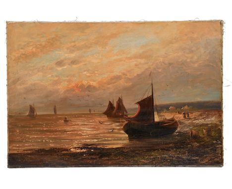   Helbert, P.  Fischerboote an der Küste in der Morgenröte  20. Jh. Öl/Lwd. Links unten sign. 55 x 81 cm; ungerahmt.  maritim