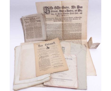   Konvolut von 19 Urkunden und Mitteilungsblättern  Deutschland, 18. und 19. Jh.  U.a. 2x Das Eulennest, Intelligenzblatt der