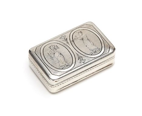 A George III silver rectangular snuff box by Matthew Linwood, Birmingham 1802, the cover engraved with two oval panels with f