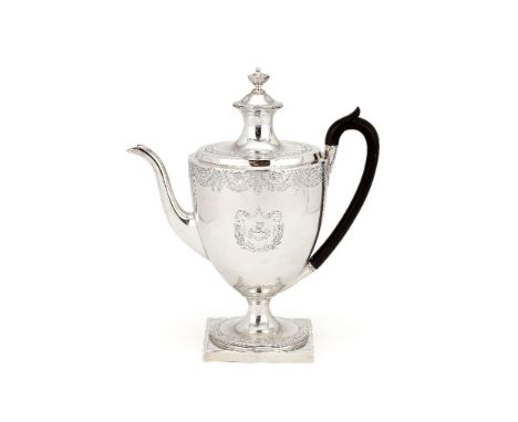 A George III silver vase shape coffee pot by John Robins, London 1796, in Neo Classical taste and oval section, with an urn f