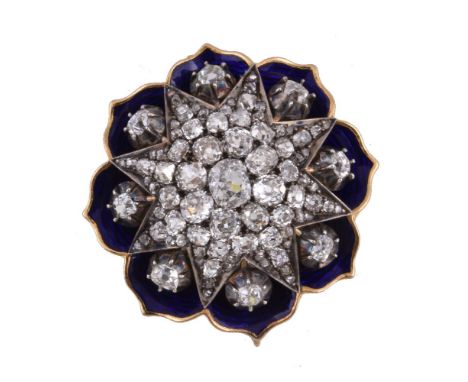 A Victorian diamond and enamel flower brooch, circa 1860, the gold backed silver central star pavé set with old European and 