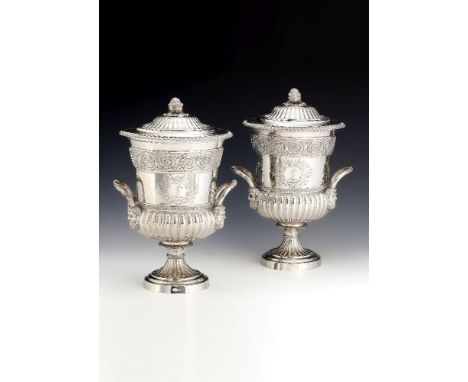 A pair of George III silver combination wine coolers and cups and covers by Samuel Hennell and John Terry, London 1814, with 