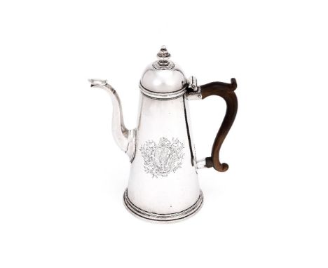 A George I silver straight-tapered coffee pot by William Darker, London 1726, with a bell shaped finial to the domed cover, a