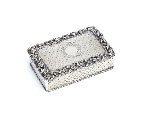 A Victorian silver rectangular table snuff box by George Edwards, London 1859, the cover with a vacant roundel on a beaded en