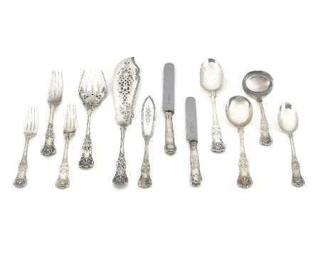 A matched silver Queen's pattern table service, comprising:   Twelve table forks by John James Whiting, London 1838 (1), Fran