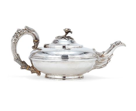 ϒA George IV compressed spherical teapot by Charles Fox II, London 1829, with a rose finial to the dome centred cover, the re