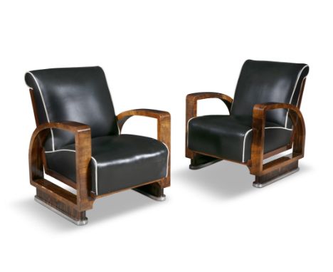 ARMCHAIRS&nbsp;A pair of Art Deco armchairs in walnut with chrome detailing and leather upholstery. c. 1940. 65 x 70 x 81cm(h