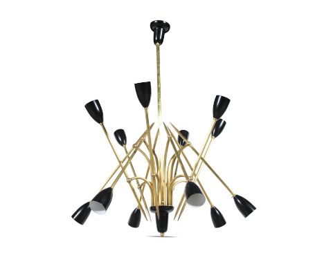 ANGELO BRUTTOA 12 arm black enamel brass ceiling light attributed to Angelo Brutto. Italy, c.1960. 87cm(h)