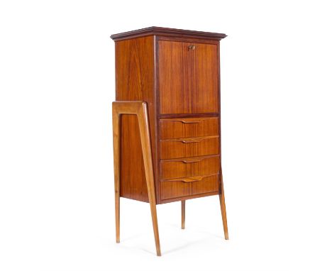 DRINKS CABINET A rosewood drinks cabinet with four drawers. Drop leaf door with mirror interior. Italy, c.1960. 62 x 45.5 x 1