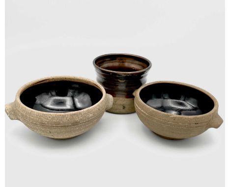 Two Leach St Ives Pottery standard ware bowls, diameter 11.5cm; together with a studio pottery vessal with impressed potters 