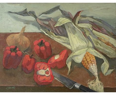 Ken SYMONDS (1927-2010)Sweetcorn & Sweet PeppersOil on boardSignedInscribed to verso, Leon Suddaby Fine Art label to verso24.