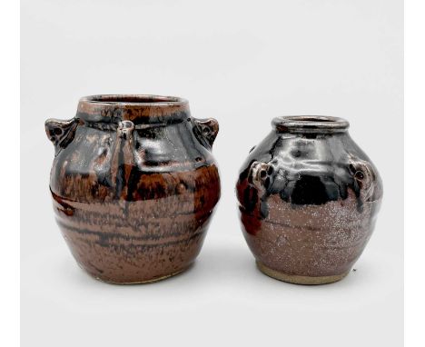 Sylvia HARDAKER for St Ives Pottery, two tenmoko glazed vases, each with four lug handles, impressed potters and pottery seal