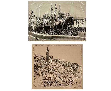 Liam HANLEY (1933-2019)Garden near Perugia & Farm near AixTwo ink brush drawingsEach signed23 x 26cm and 26 x 36cmThe Persona